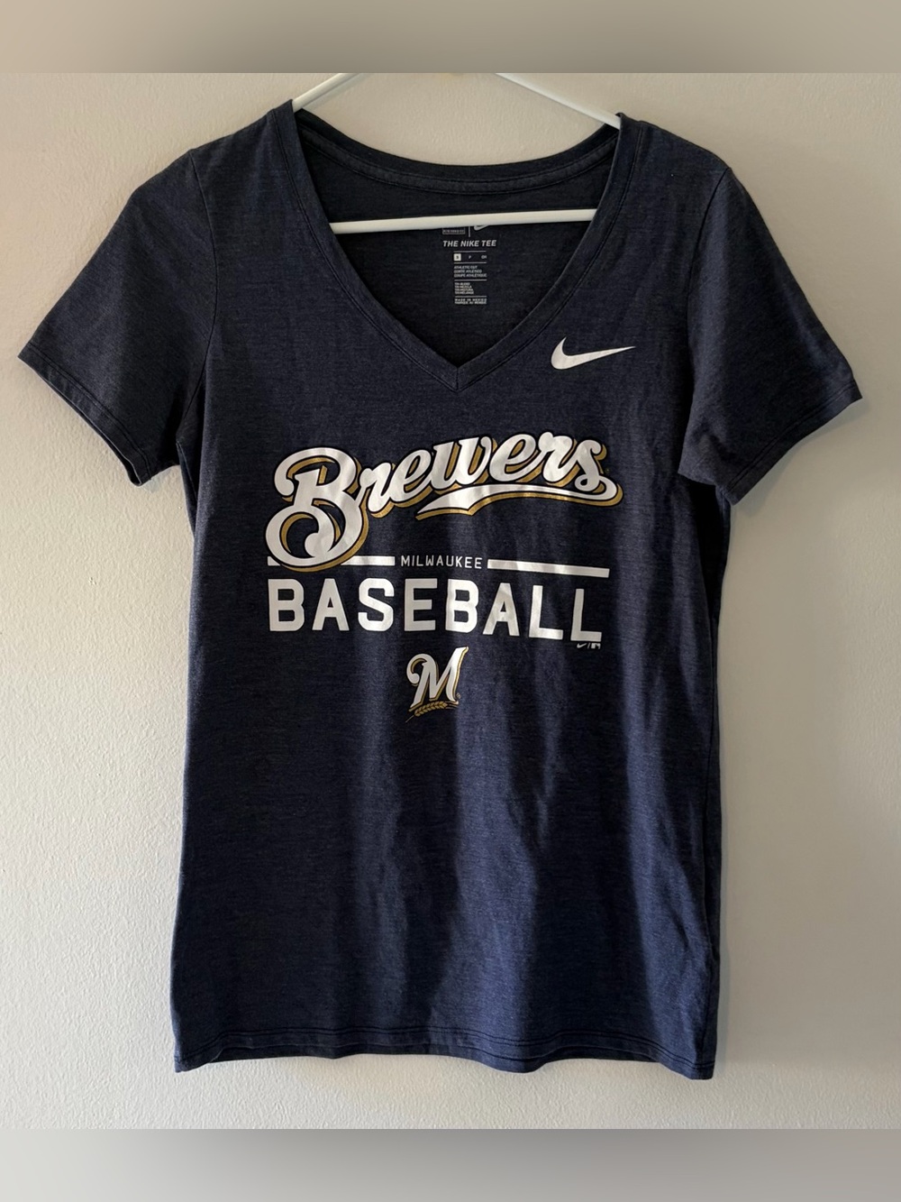 NEW-Nike Dri Fit Milwaukee Brewers MLB Baseball V Neck Blue Shirt -Womens Small